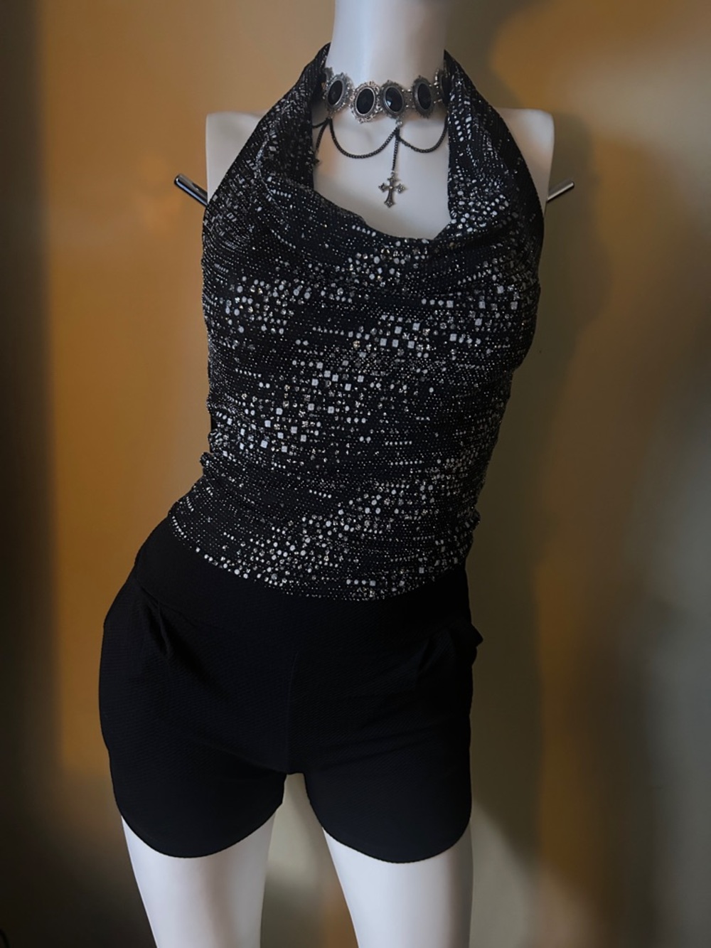 Sparkling Black Halter Romper